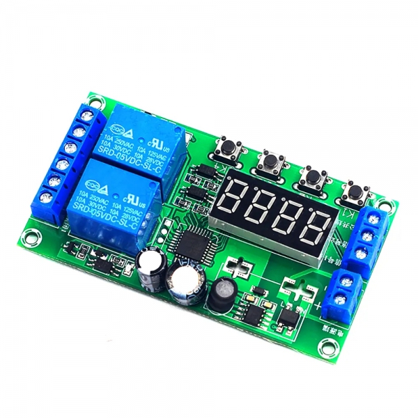 Pulse triggered power-off cycle timing of two delay relay modules, DC 7-30V