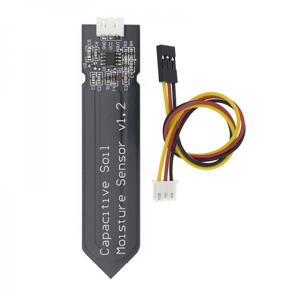 Capacitive soil moisture sensor is not easily corroded and operates with a wide voltage supply line