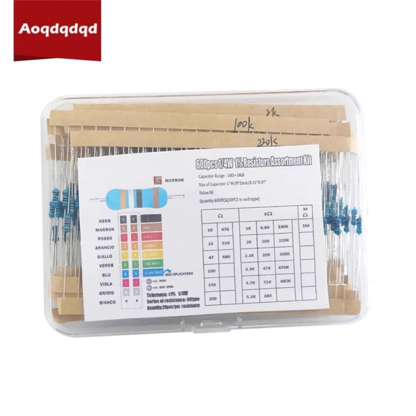 600PCS 1/4W metal film resistor pack, accuracy 1% 10R-1M resistance, 30 types, 20 sample packs each
