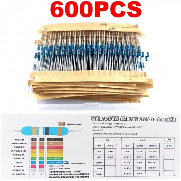 600PCS 1/4W metal film resistor pack, accuracy 1% 10R-1M resistance, 30 types, 20 sample packs each