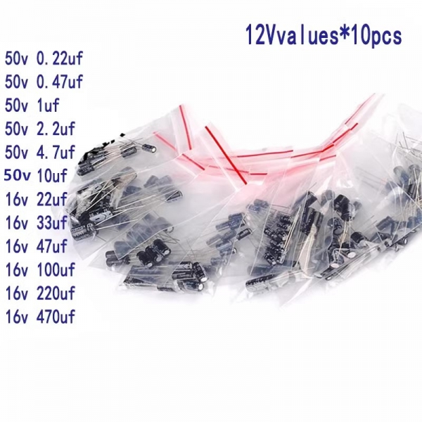 12 commonly used electrolytic capacitor packs with values ranging from 0.22uf-470uf, totaling 120 direct insertion aluminum shell capacitors