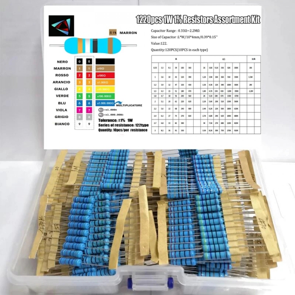 1220pcs 1W 1% 122 values, each with 10 pieces of 0.33~2.2M ohm metal film resistor kit
