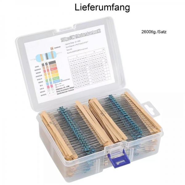 2600 PCS 0.25W 1/4W metal film resistor pack, with 130 commonly used resistance values and 2600 pieces in various specifications