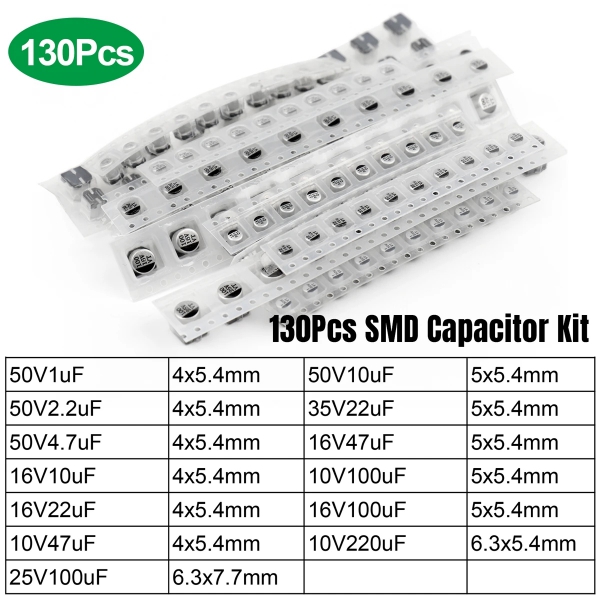 130 SMD surface mount aluminum electrolytic capacitor bag kits with 13 specifications and resistance values ranging from 4.7uF to 220uF
