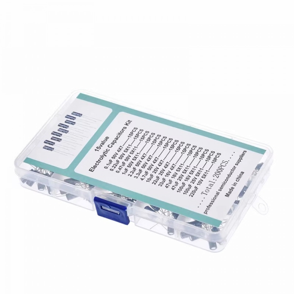 200PCS 15 types of direct insertion electrolytic capacitor box kit 0.1UF 50V-220UF 10V, 200 pieces per box