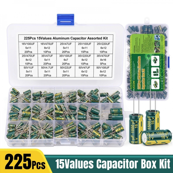 225PCS green high-frequency direct insertion aluminum electrolytic capacitor kit with 15 specifications of resistance values