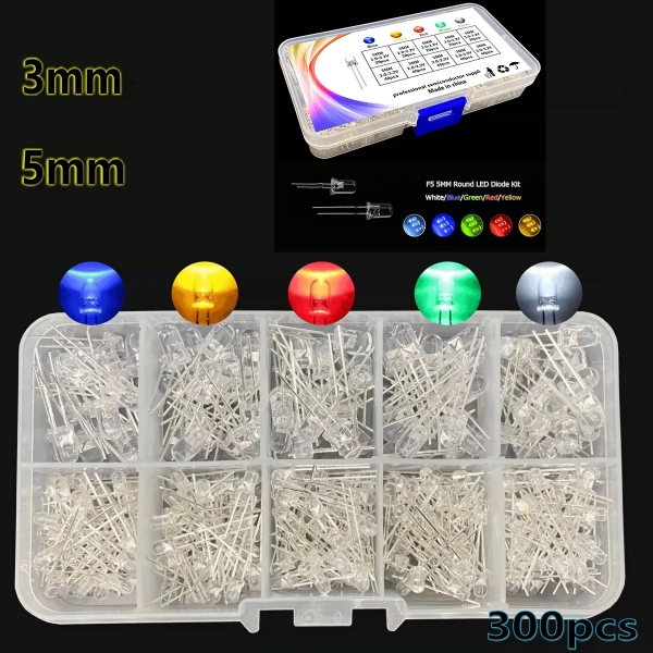 300 F3+F5mm LED light emitting diodes in 5 colors, white hair, red, yellow, blue, green, and white, packaged in a box