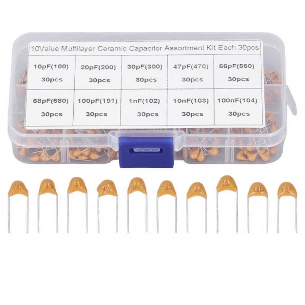 300PCS individual stone capacitors, 30 pieces each in 10 specifications (10PF -100NF), with 300 individual stone plugs