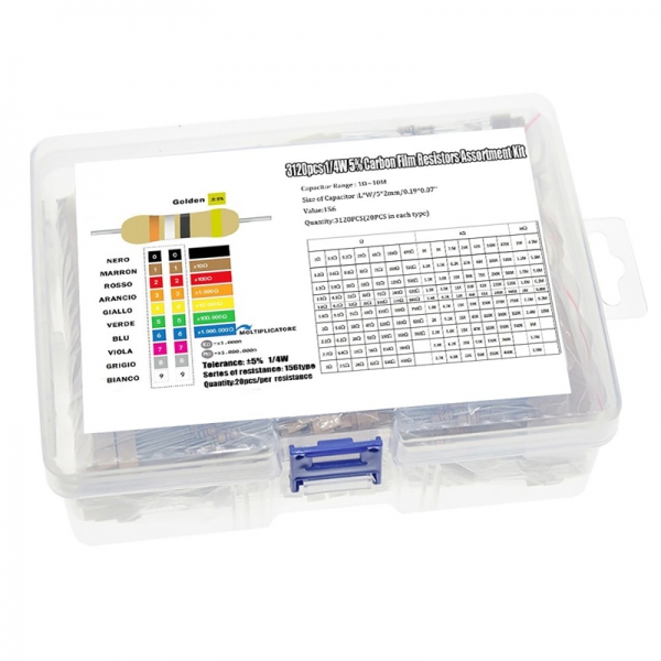 3120PCS 1/4W carbon film resistor set with 156 resistance values, 20 each, 1 ohm-10M 5% 0.25W