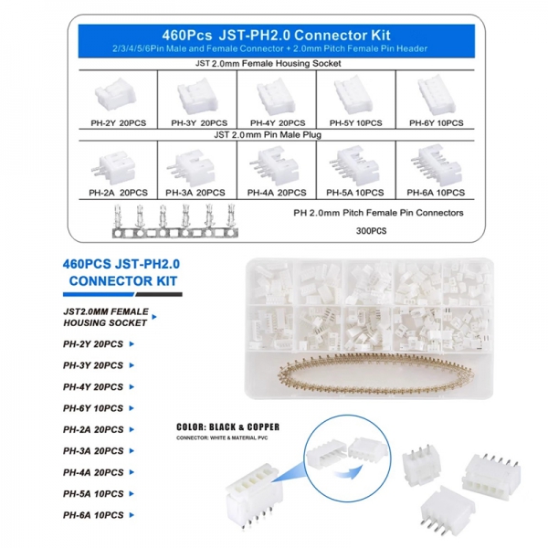460PCS JST PH2.0mm spacing XH2.54MM connector 2/3/4P rubber shell base connector terminal