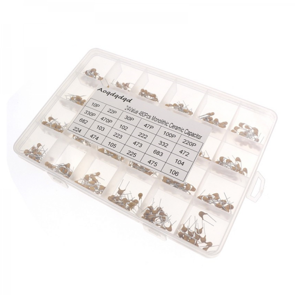 480PCS single stone capacitor set sample box 10PF~10UF 50V, 24 types, 20 pieces each, totaling 480 pieces
