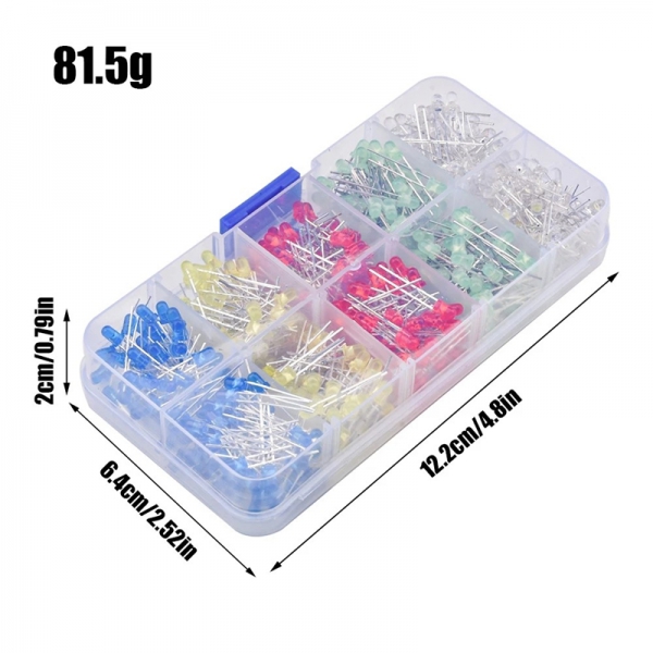 500PCS 3MM red, yellow, blue, green, and white LED light emitting diode box with 5 colors and 100 pieces each