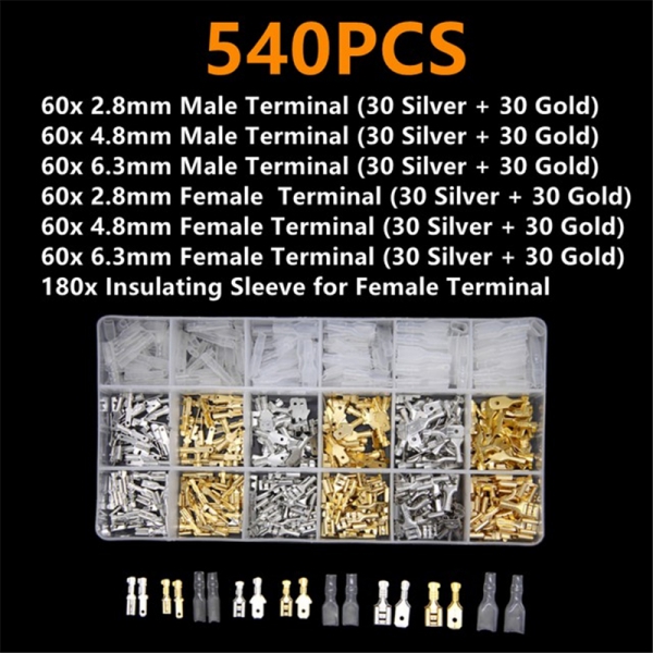 540PCS Male and Female Bare Terminals 2.8/4.8/6.3 Plug Spring Insert Sheet Sheath Wiring Terminal Male and Female Pair Insertion Set