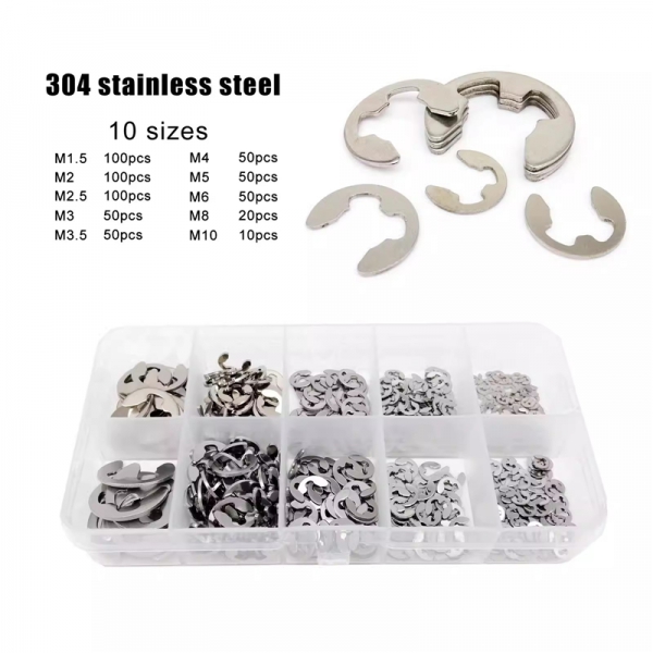 10 specifications 580PCS 304 open E-type retaining ring E-buckle M1.5-M10 washer spring black/stainless steel
