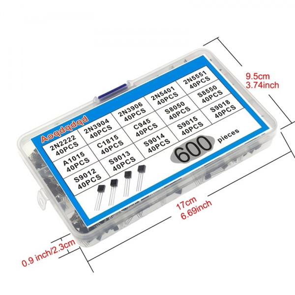 600PCS TO-92 transistor diodes, 15 types, each with 40 pieces 2N2222-S9018, totaling 600 pieces
