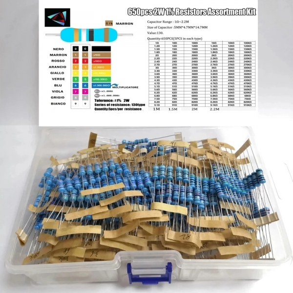 650PCS 2W 1% 1R-2.2M 130 values, each with 5 metal film resistors, packaged in a kit