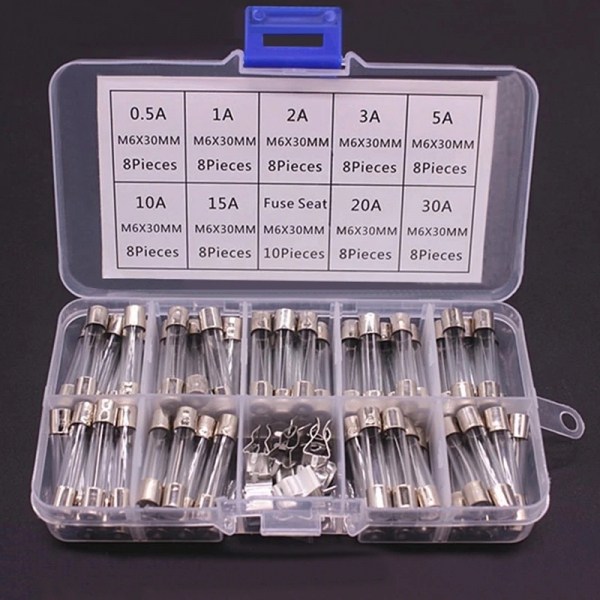 72PCS 6X30MM glass fuse 0.5A-30A 6 * 30mm fuse tube sample box holder
