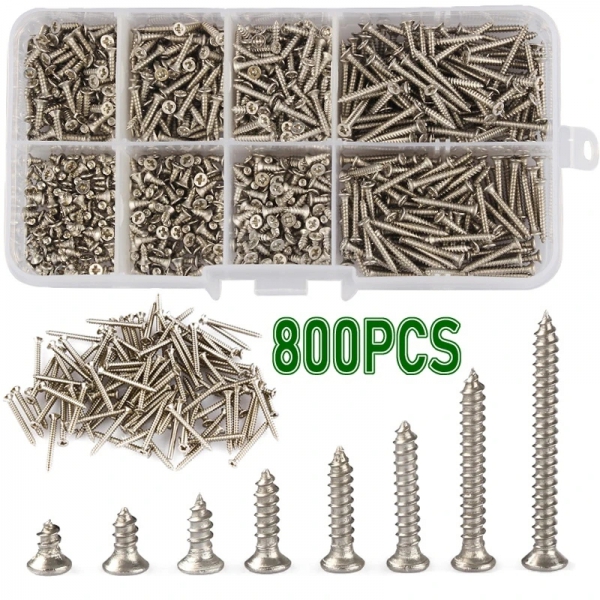 800PCS M2 self tapping screws, 8 types of flat head screws, boxed cross flat head self tapping screw set