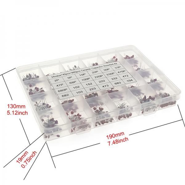 960PCS, 24 different values 2PF-100NF, 40 each, a total of 960 magnetic ceramic dielectric ceramic capacitor boxes